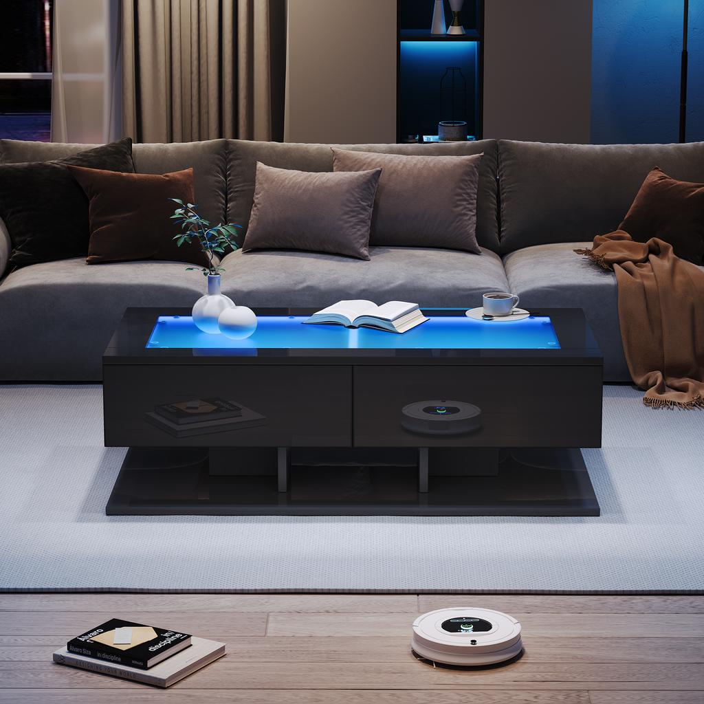 100*50*35cm Coffee Table, High Gloss Sofa Table, Living Room Table with Drawers, Coffee Table with LED Light, Glass Top, Black