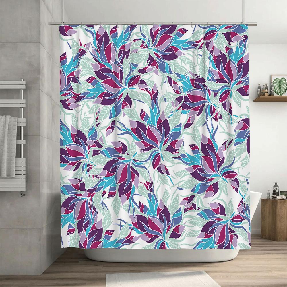 Modern Bath Shower Curtain Set with Floral Print: Water-Resistant Fabric for Home Decor Blue Purple Colors
