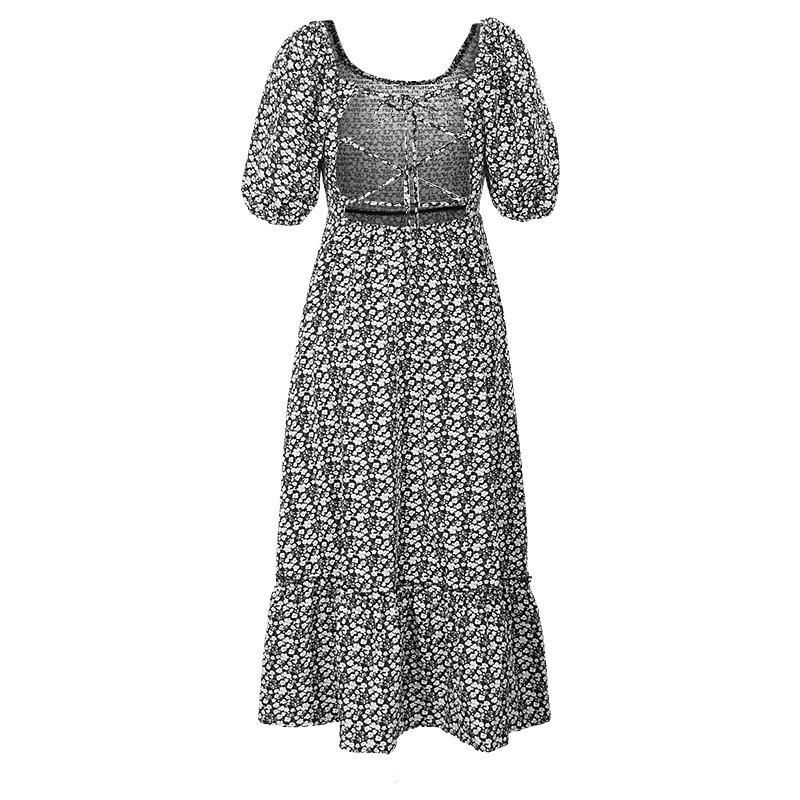 Summer three-quarter puff sleeve black and white floral dress