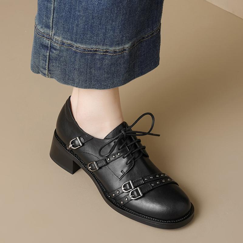 Fashion NEW Spring/Autumn Women Loafers Round Toe Chunky Heel Shoes Split Leather Shoes Women Rivet Lace-up Women Pumps Handmade Shoes