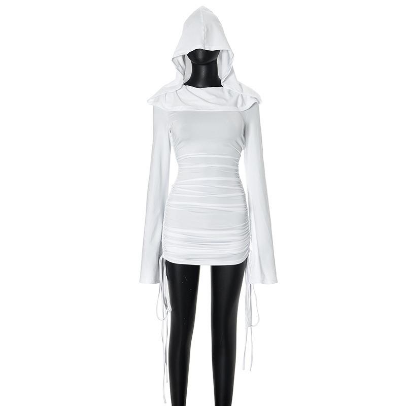 Women's Autumn Solid Color Long Sleeve Hooded Slim Shrinking Pleated Hip High Waist Short Dress
