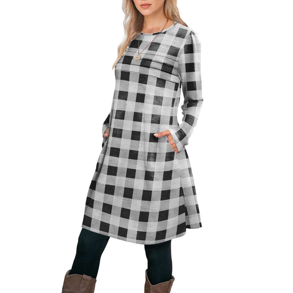 Women's Casual Fashion Long Sleeve Graphic Printed Vintage Dresses With Pockets