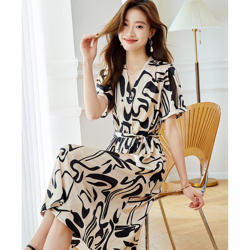 Premium Mulberry Silk Printed Waist-Slimming Dress