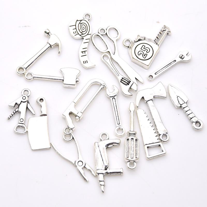 Set of 17 DIY Jewelry-Making Tools: Screwdriver, Wrench, Axe, Saw, and Pendant Accessories