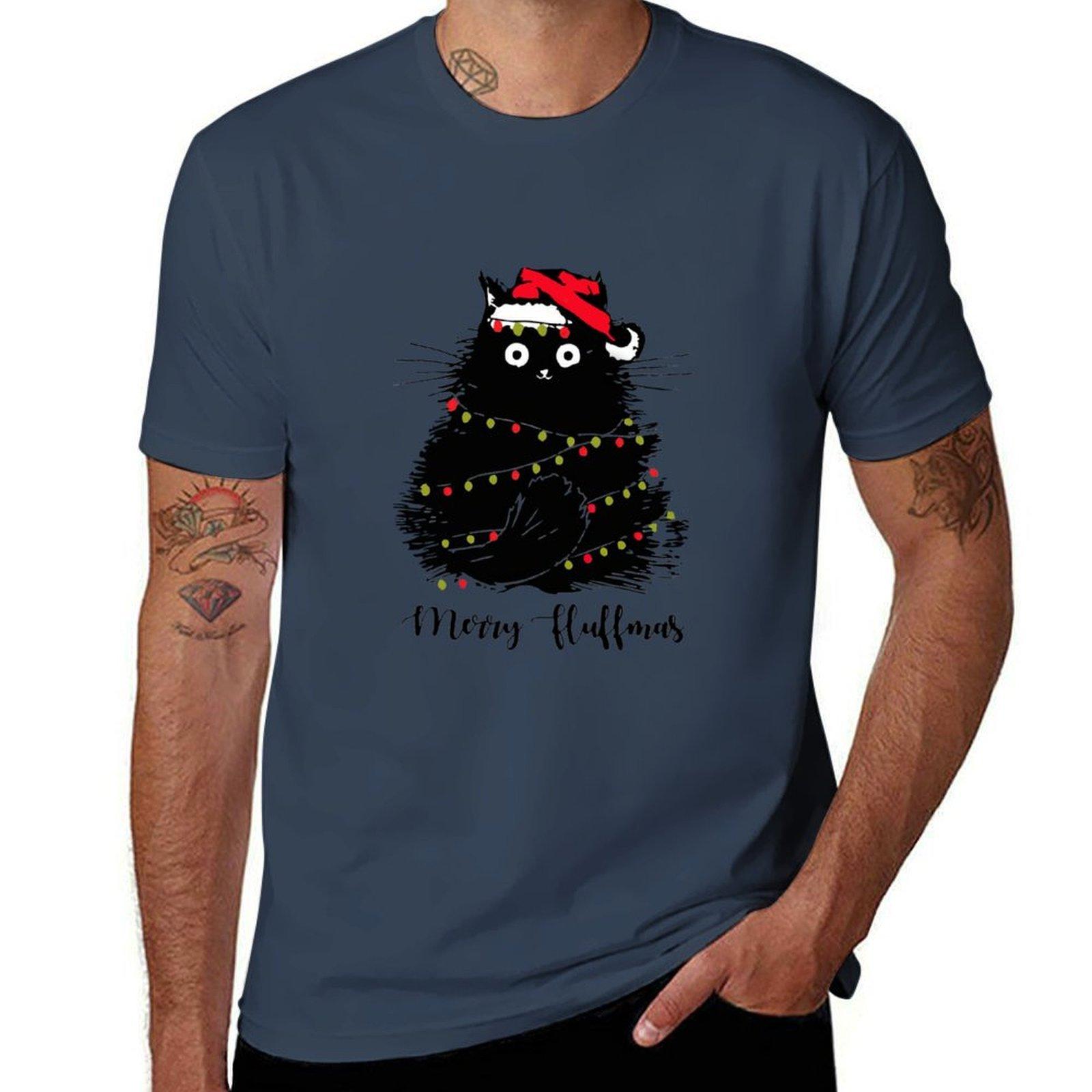 Merry Cat Black Fluffmas TShirt Basic Solid Color Short Sleeve Cotton Top S