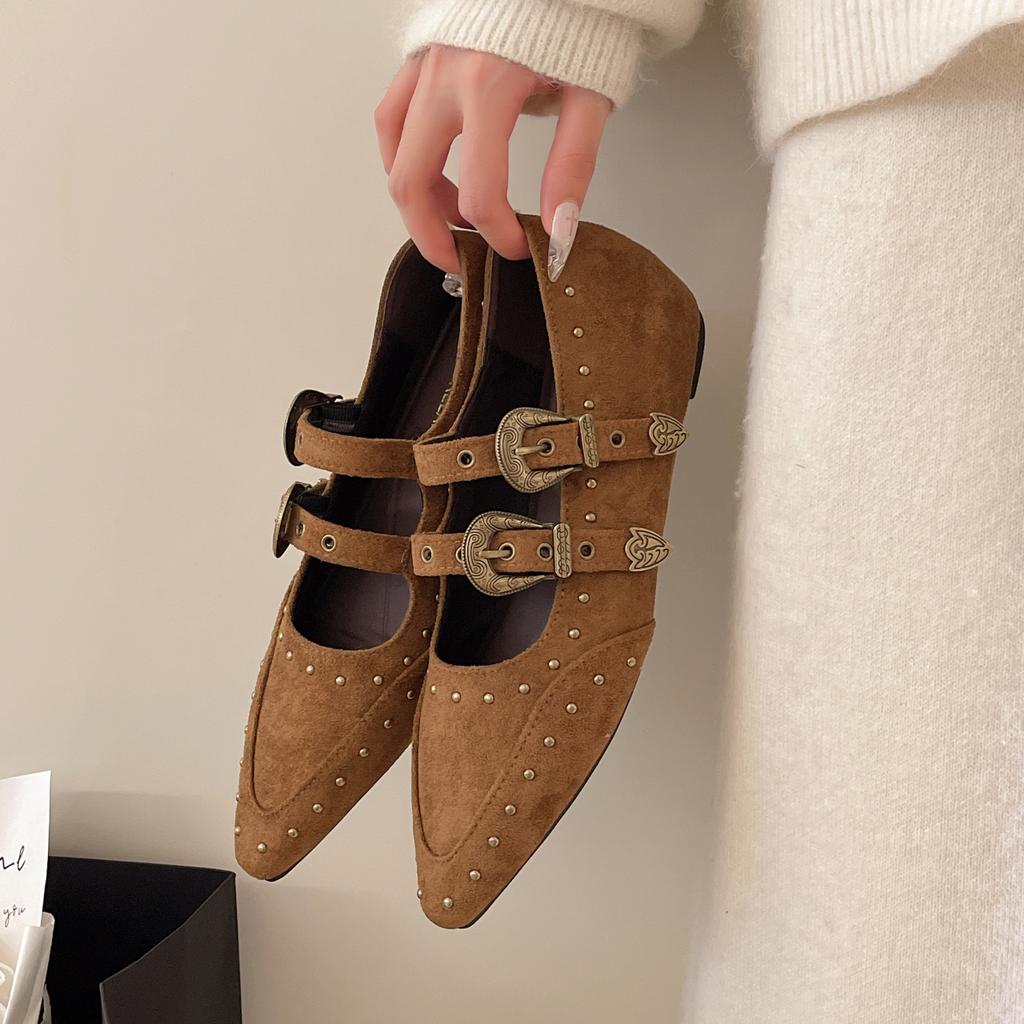 Jesienne Damskie Obcasy Retro Zamszowe Skórzane Buty z Nitami Eleganckie Buty Mary Jane z Paskiem i Metalową Klamrą 3cm Koturny Ukryty Obcas