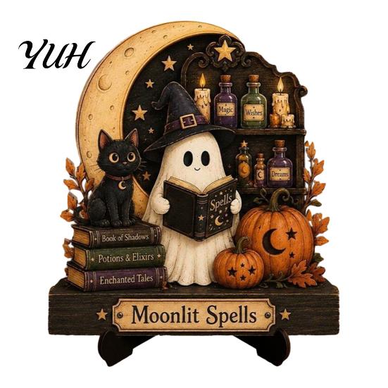 Vintage Halloween Interior Ornament Reading Ghost Figurine, Retro Wooden Statue, Desktop Spooky Magic Style Table Decor with Stacked Book for