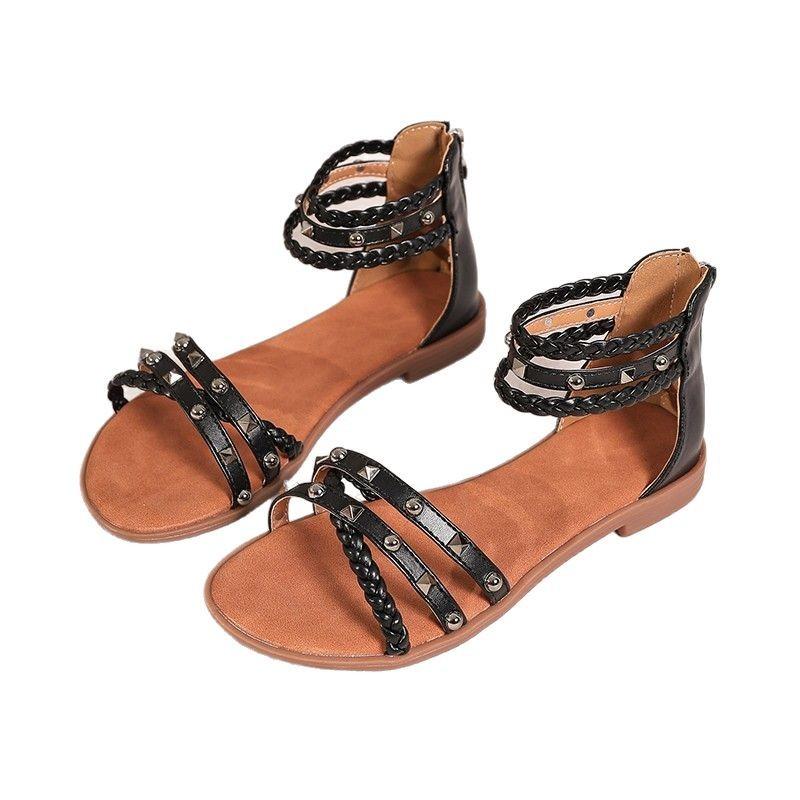 Foreign Trade Sandals Women 2025 New European and American Fairy Style Flat Bottom Summer Women's Fashion Willow Nails Roman Shoes 35-43