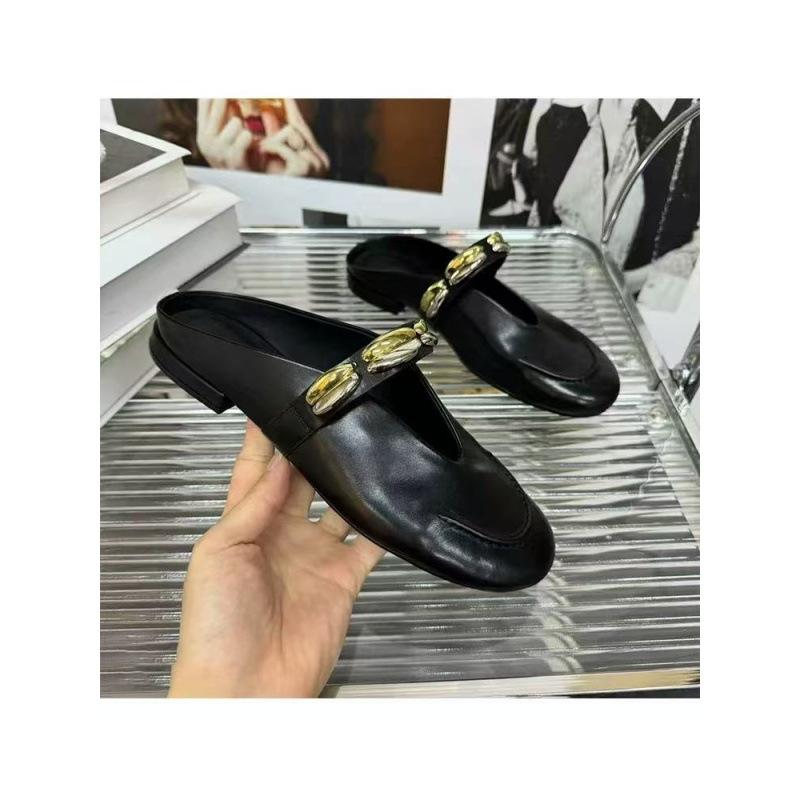 

Ретро 2025 новый модный дизайн внешняя сумка голова туфли женские металлический ремень на одно слово низкий каблук U-образный вырез сандалии-полуслайдеры 39 чёрный