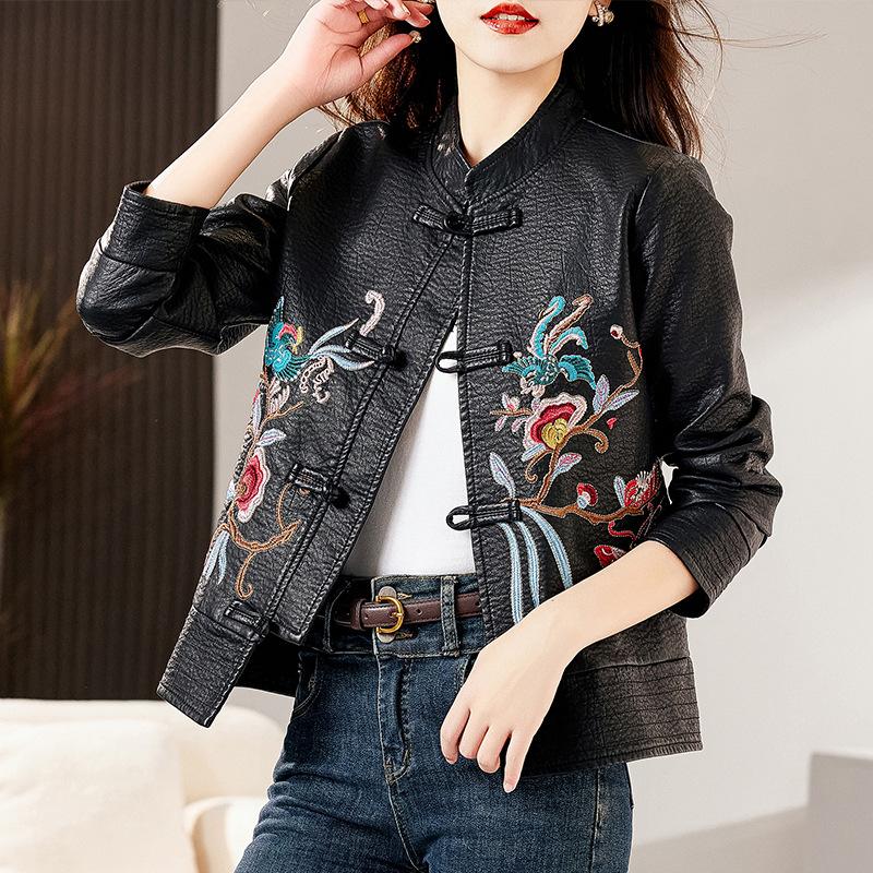 

Hua Ge Di Qing плюс бархатная кожаная куртка для женщин зима 023 новый ретро этнический стиль воротник-стойка короткая тонкая кожаная куртка 4XL