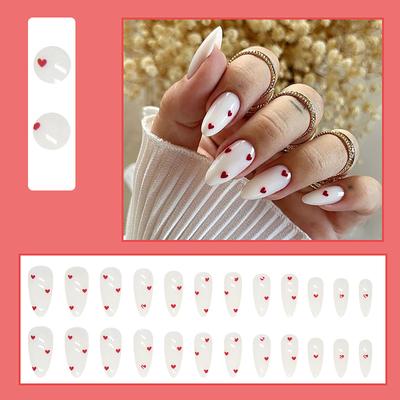 Valentine Fake Nails Short Press Nails Square Red Full Cover Glue Nails Valentine Heart-Shaped Nails With Cute Designs Extra Short With 2ml Glue