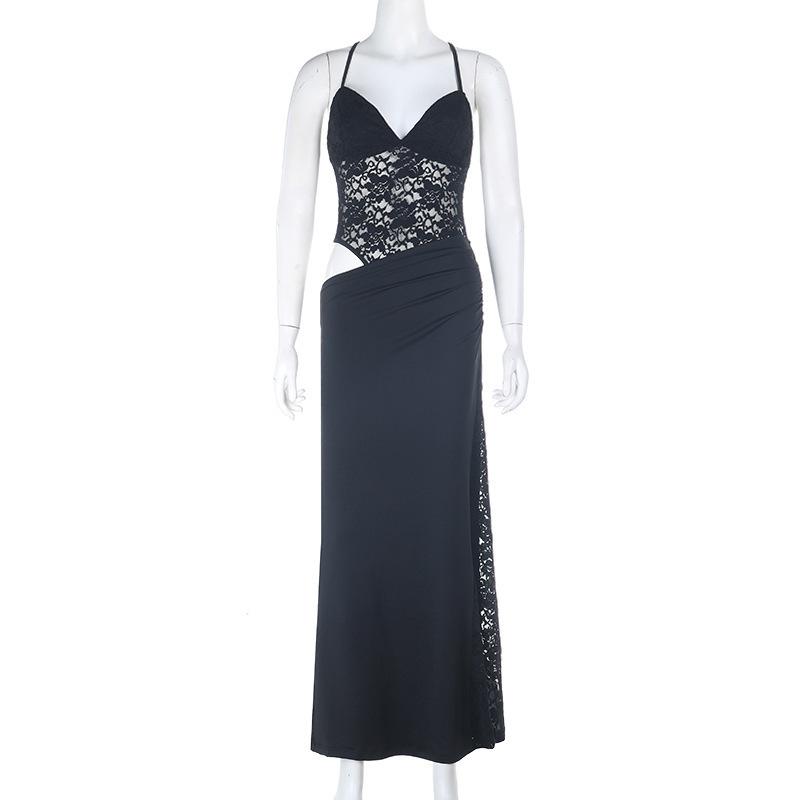 European and American style 2026 summer new lace waist hollow splicing sexy suspender dress XS чёрный