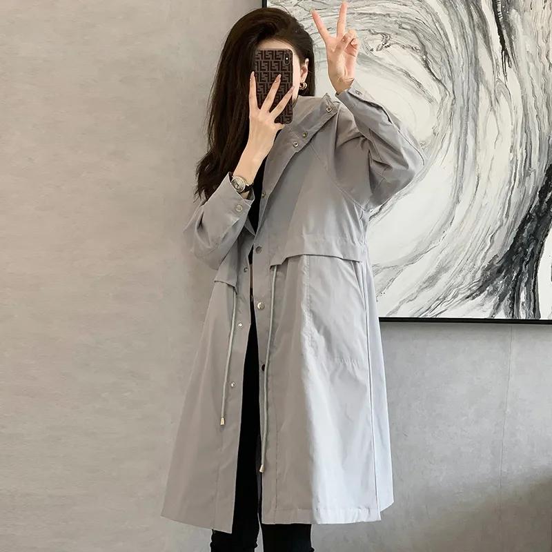 Autunm Winter Frauen Trenchcoat Schlank Mode Plus Größe 3xl Lange Windjacke OL Mit Kapuze Outwear XXXL grau