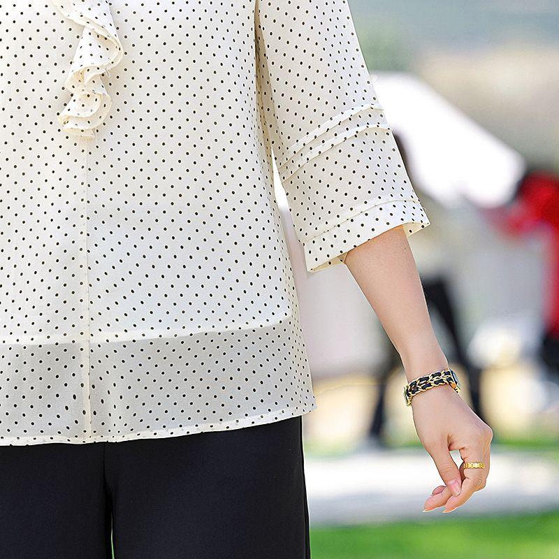 Bluză casual transparentă din șifon cu buline negre, guler rever, mânecă scurtă, volane, pentru femei de vârstă mijlocie