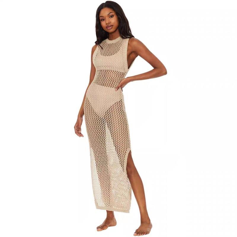 

Сексуальное трикотажное платье-жилет в стиле отпуска с вырезом для женщин, пляжное платье с открытой спиной, стройнящее длинное платье с открытой спиной для лета One Size абрикосовый