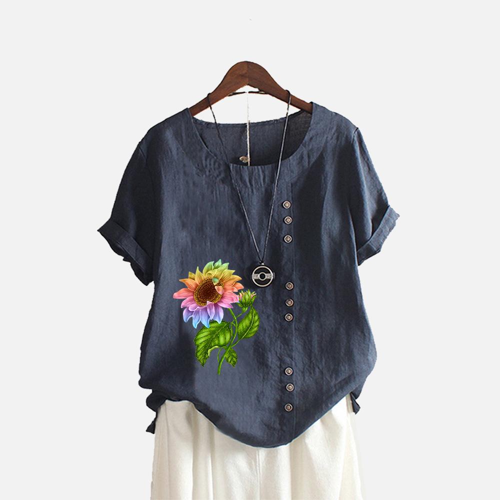 Women Fashion Floral Print T-shirt Summer&fall Casual O Neck Short Sleeve Top Pullover Loose Cotton Linen Blouses
