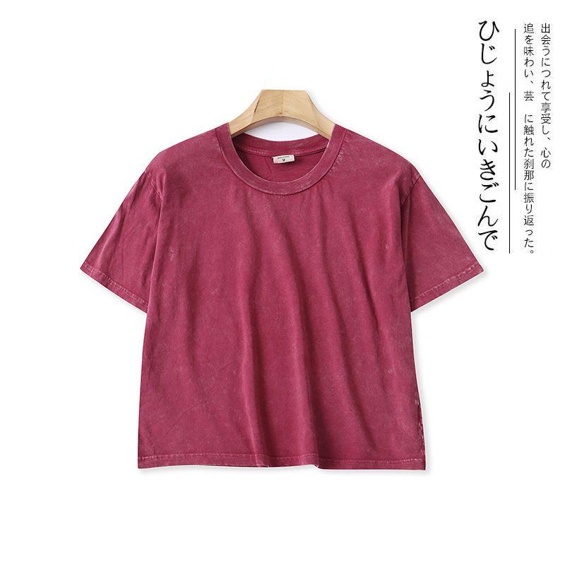 

1W/39 Summer New Foreign Trade Women clothes Youth Fashion Loose Preppy V-neck Short sleeve Washed 100% Cotton T-shirt Purple M