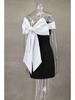 One-Shoulder Black & White A-Line Dress with Bow - Waist-Defining Design, Spring/Summer
