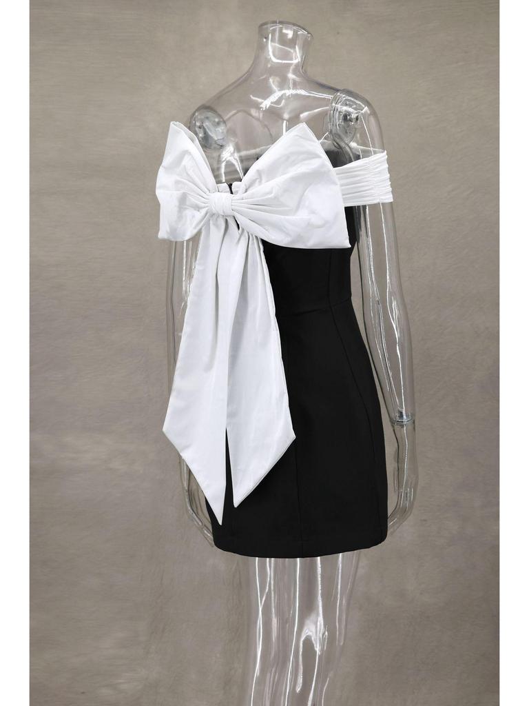 One-Shoulder Black & White A-Line Dress with Bow - Waist-Defining Design, Spring/Summer