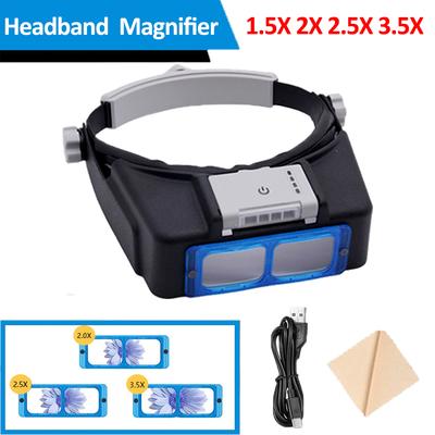 Headband Magnifier with 4 LED Light Rechargeable Illuminated Magnifying Glasses 1.5X 2X 2.5X 3.5X Magnifier for Reading Repair