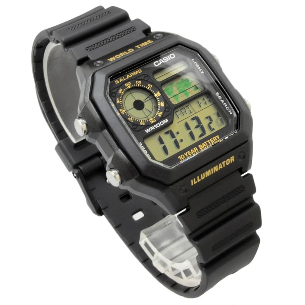 Casio World Time Digital Wristwatch AE-1200WH-1BV Black with Gold LCD (International Model) / AE-1200WHB-1BV Black with Green LCD(International Model)