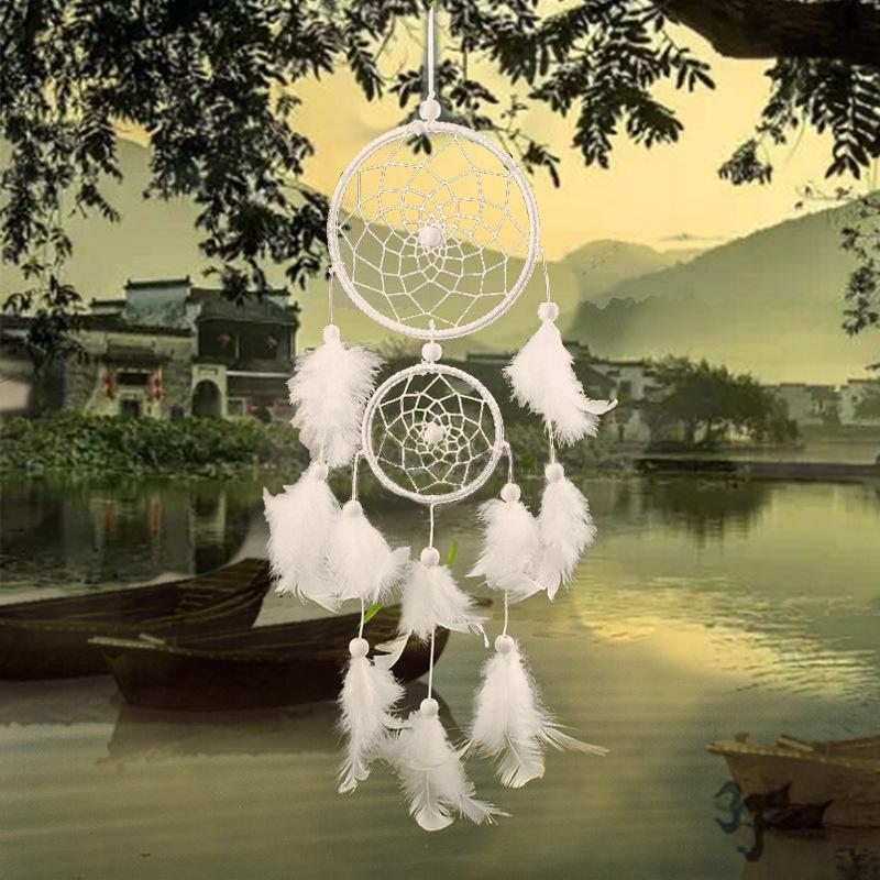 White Two-Ring Feather Dream Catcher Wind Chime for Home, Wedding, or Christmas Decoration
