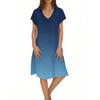 Ladies Casual Fashion V-neck Short Sleeve Gradient Print Mid-length Flowing Dress