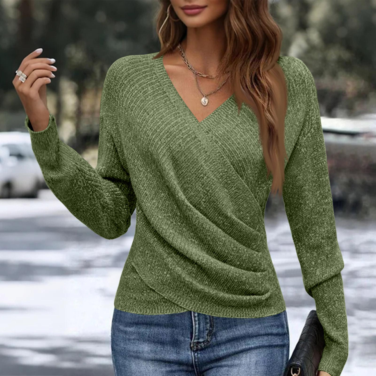 Women s Casual And Fashionable V-Neck Long-Sleeved Crossed -Color Knitted Sweater L