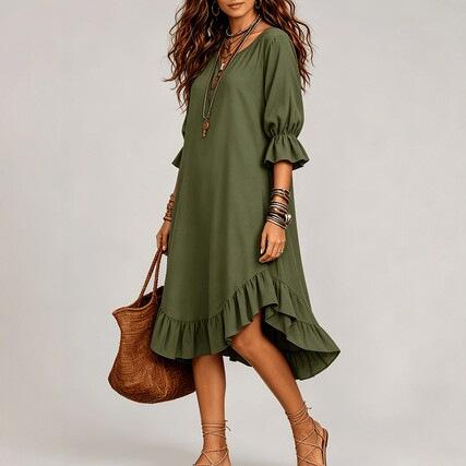 European and American dresses fashion temperament V-neck medium-sleeved ruffle hem casual dresses women's clothing