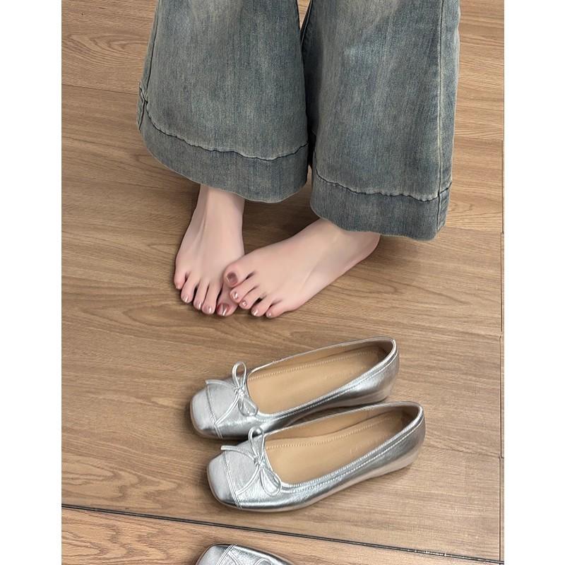 Sheepskin Version~ Leather Small Inner Height Increase Mary Jane Shoes Women's French Retro Bow Ballet Shoes Single Shoes