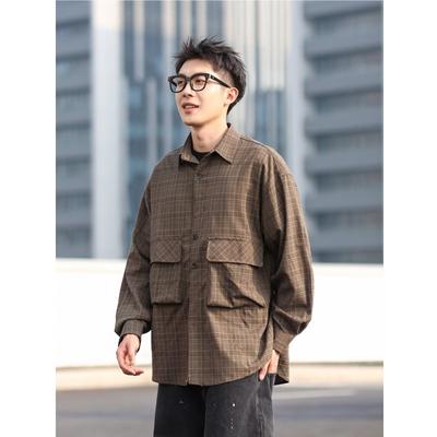 B Dong Ri Series Men's Clothing Retro Lazy Style Large Pocket Lapels Design Plaid Neutral Long Sleeve Shirt Coat Shirt