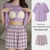 Women's Plus Size Imitation Cotton Summer Pajama Set with Built-in Bra, Casual & Sweet Design for Indoor/Outdoor Wear.
