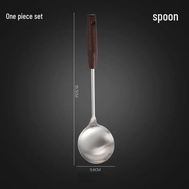 Stainless Steel Kitchen Utensil Set: Wok Spatula, Pan Spatula, Frying Spatula, Soup Ladle, Slotted Spoon.