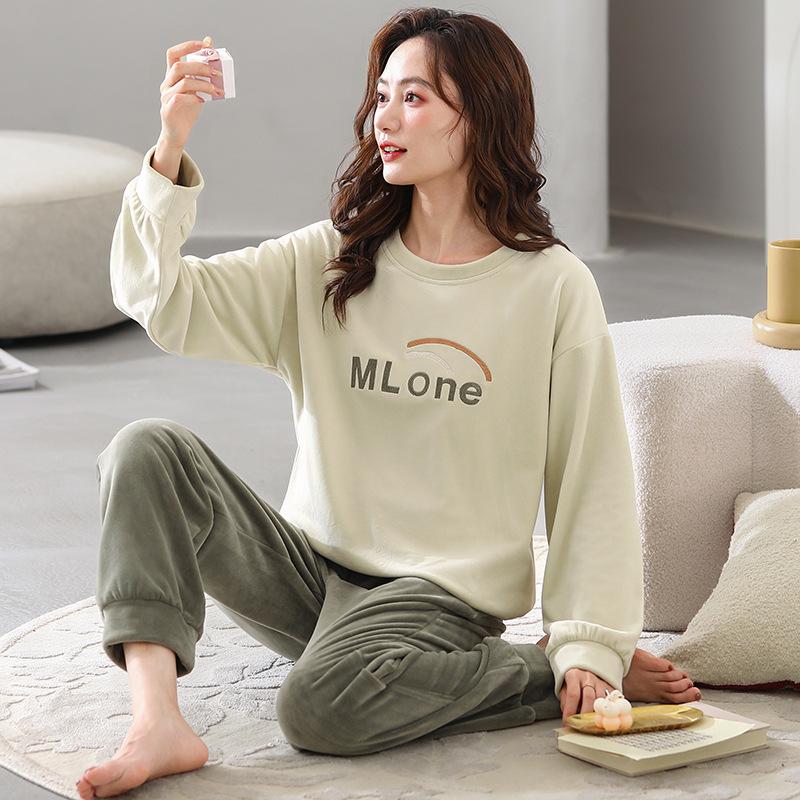 Pajamas Women'S Autumn And Winter Island Fleece Pullover Can Be Worn Outside Coral Fleece Thin Fleece Loungewear Set