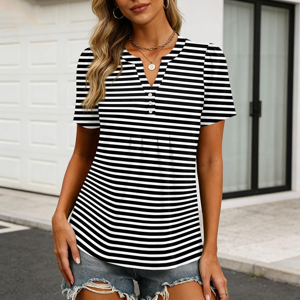 Damen Oberteile Festlich Lässig V-Ausschnitt Kurzarm Hemden Plissierte Blusen Knopfleiste Tunika