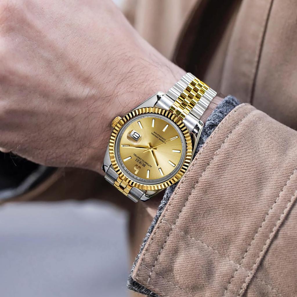 BUREI Automatic Popular for Date Luminous Men's Watch, Waterproof, Analog, Mechanical, Business, Display, Simple, Casual, (Gold/Silver)