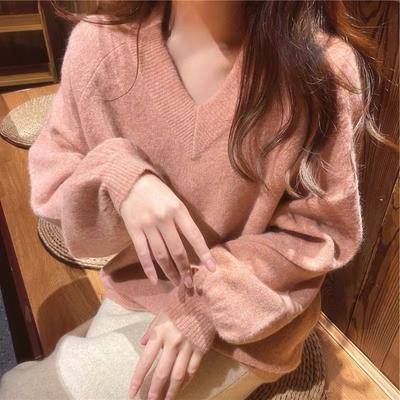 Advanced V-neck Sweater for Women's Autumn and Winter Pullover Lazy Style Knitted Sweater Korean Version Solid Color Base Top
