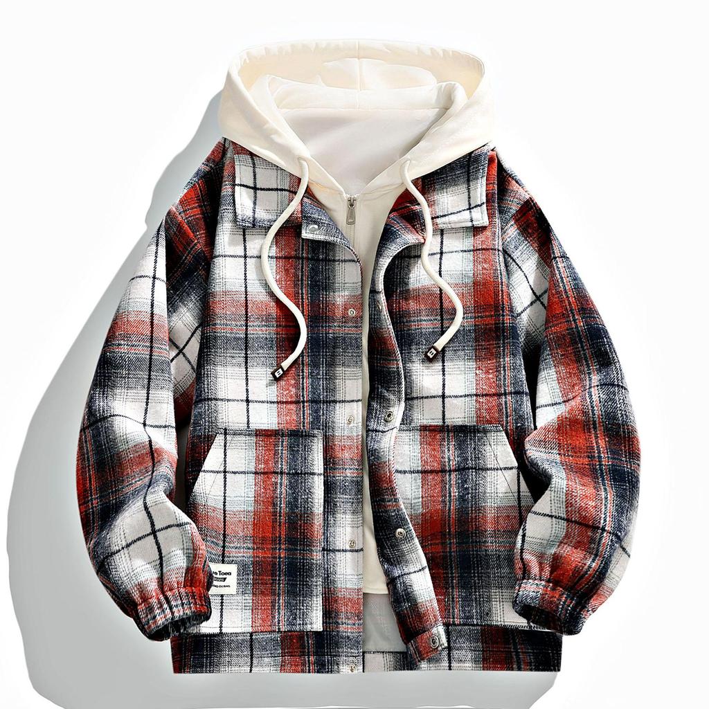 2025 Autumn Men's Retro Plaid Hooded Fake Two-Piece Casual Jacket