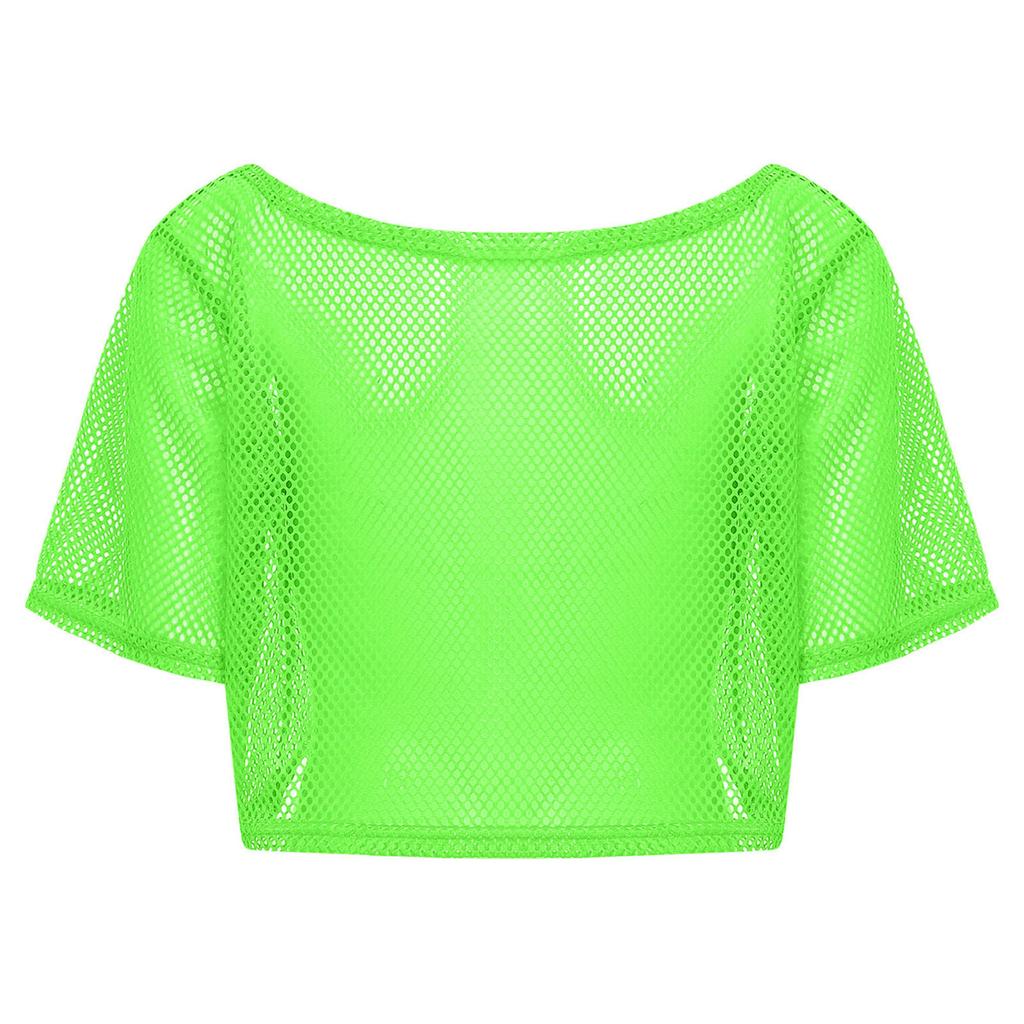 Damen Neon 80er Disco Fischernetz T-Shirt Kurzarm Ausgeschnitten Netz Crop Top