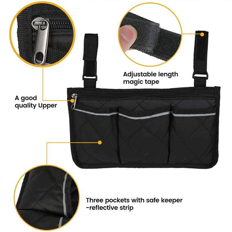 Wheelchair Bag Waterproof Pouch with Secure Reflective Strip Large Capacity Walker Storage Multifunctional