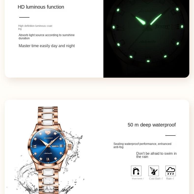 JINSHIDUN-merkeklokker Diamantbelagt romersk automatisk mekanisk klokke Vanntett dameklokke dameklokke