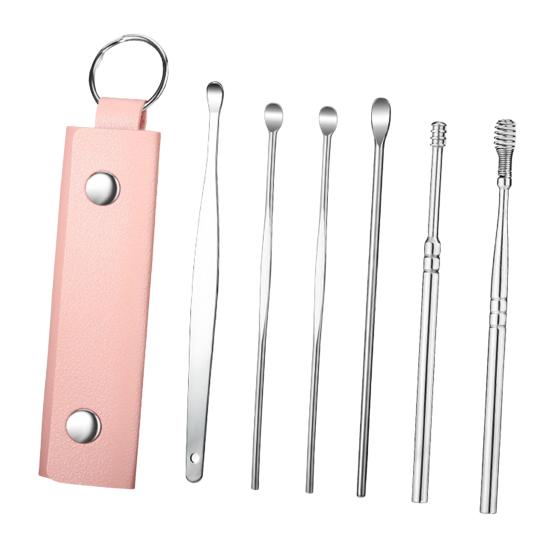 6-Piece Stainless Steel Ear Pick Set Spiral Ear Cleaner Tools with Faux Leather Case Home Ear Care Kit for Home Travel