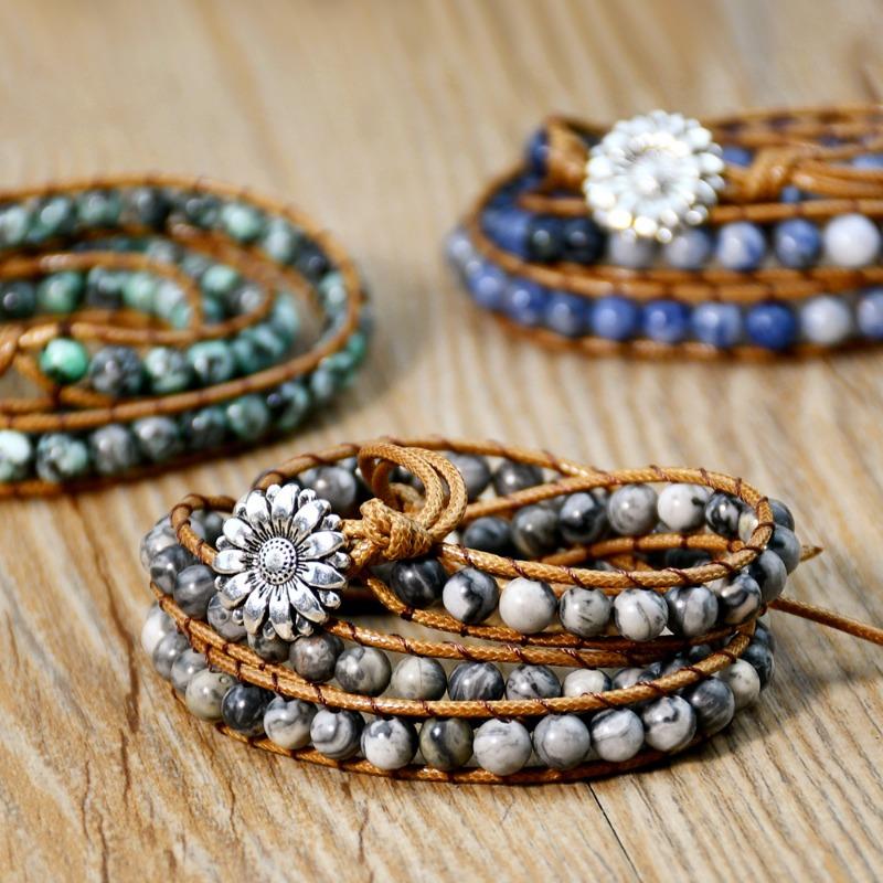 GemChic Women's Ethnic Weave Rope Multilayer Stone Beads Alloy Sunflower Bracelet Classical Retro Birthday Christmas Jewelry Gift