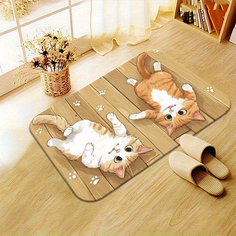 Cute Lying Cats Wood Grain Flannel Bath Mat, Playful Pet Lover Design Anti-Slip Absorbent Rug for Bedroom & Entryway, Machine