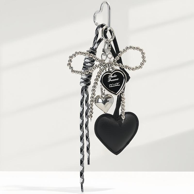 Gothic Silver Bead Bows Charm Heart Shaped Bag Accessory Fashion Bag Pendant Casual Keychain For Dark Style Lover