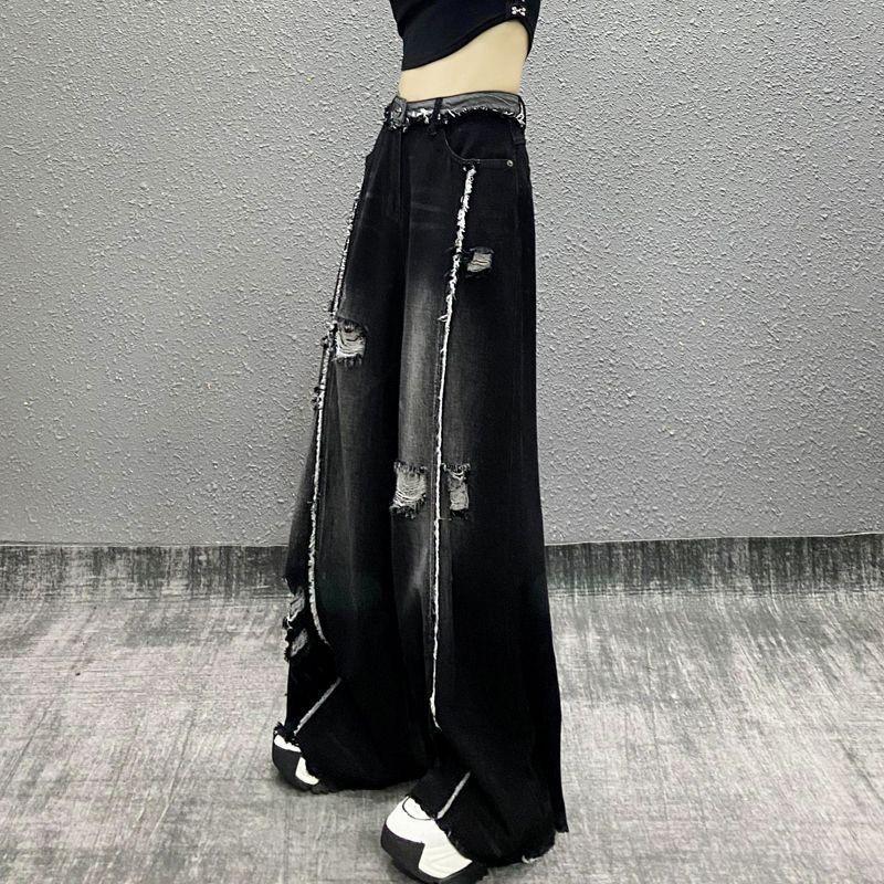 Nadměrná velikost Americké streetové hip-hopové džíny se širokými nohavicemi pro ženy - Niche patchwork s roztřepenými okraji, distressed, splývavé kalhoty ke kotníkům
