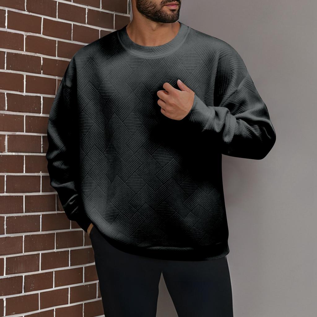 Men's Winter Solid Color Striped Casual Tops Long Sleeve Round Neck Sweatshirt