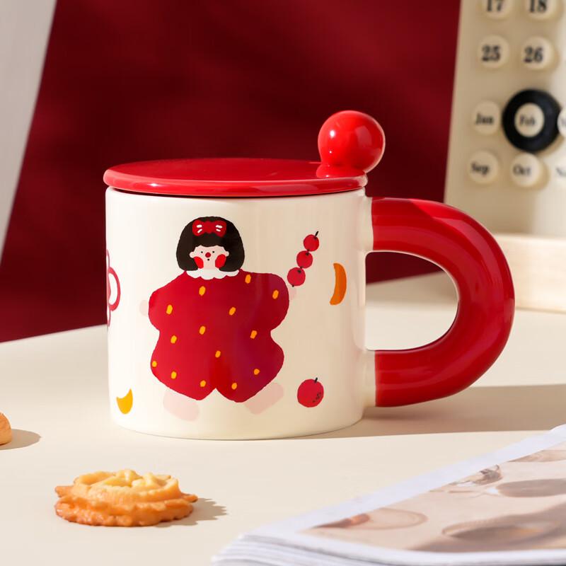 Festive Candied Haw Girl Ceramic Mug with Lid and Spoon Standard Pack