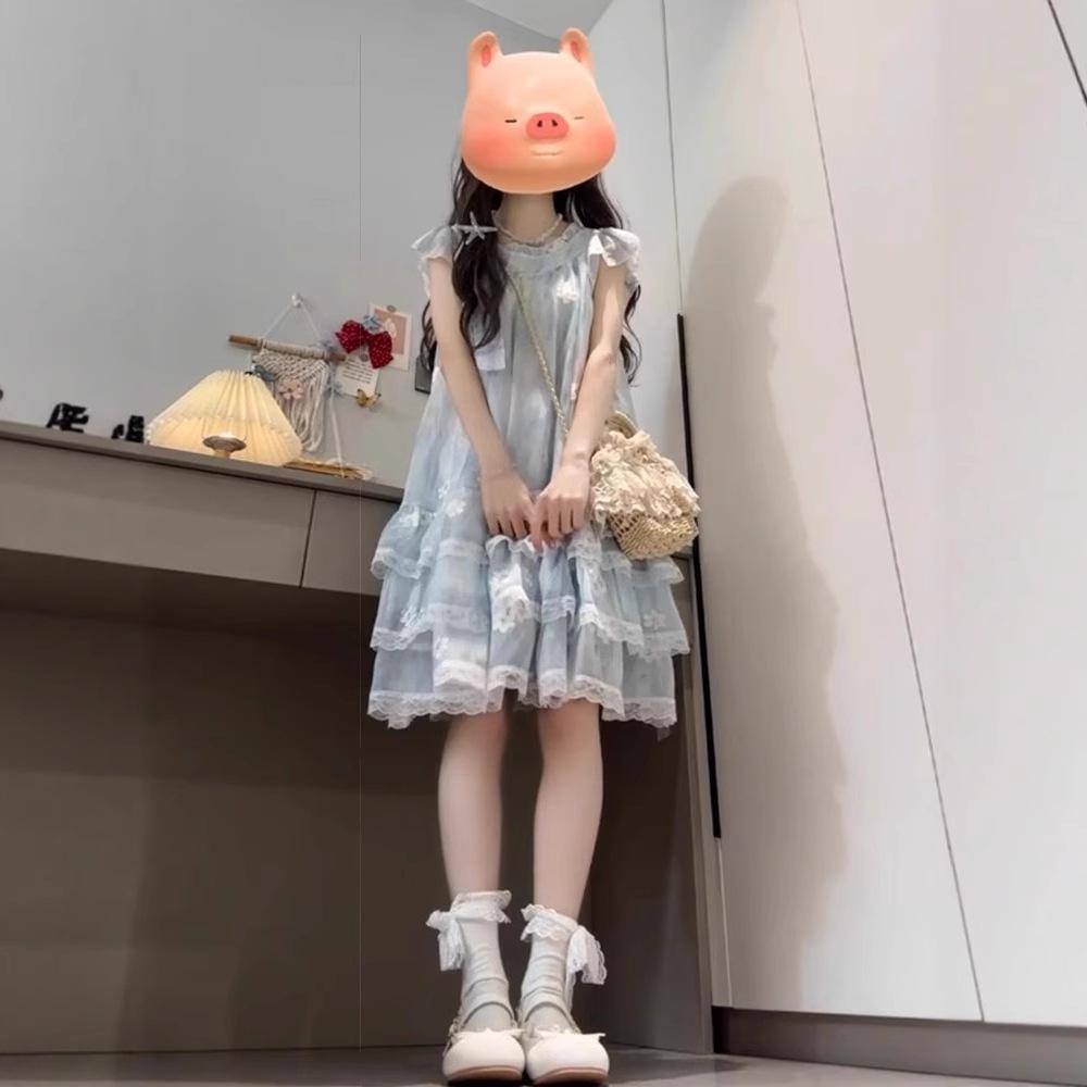 Französisches kleines Flugärmel-Blumen-Tüllkleid Kinder-Sommer Neu Kleines Temperament Prinzessin Kurzkleid