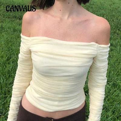 Autumn Women's Sexy Strapless Slim Mesh Flared Sleeve Long Sleeve Neckless T-Shirt